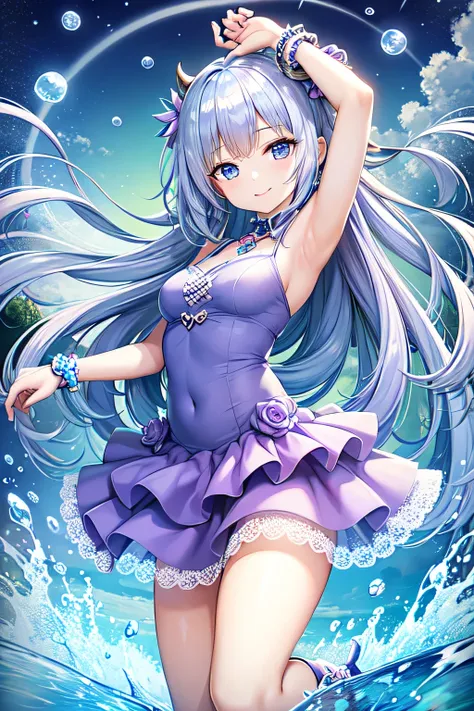 14 year old girl、The image of the little queen、Light blue blue-purple hair、long hair、blue eyes、ice is dancing、smile、can reach out、Wearing hair ornaments