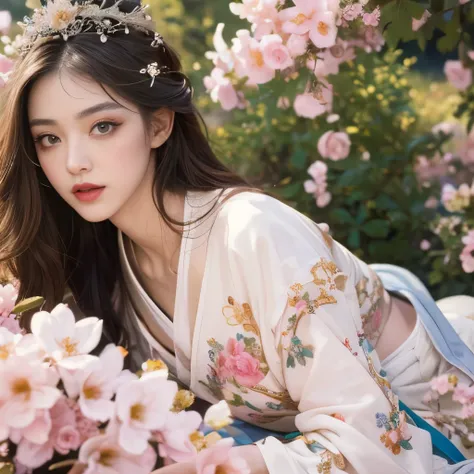 Blue sky and white clouds，Yunshan in the distance、tower and many people，pink flowers，Cherry tree，Hanfu woman,Phoenix Crown Tiara、Detailed embroidery、穿Hanfu裤袜、Hanfu、穿着长袖Hanfu、Transparent and clearly visible、Look and、Bare oversized breasts、raw,(8K、top qualit...