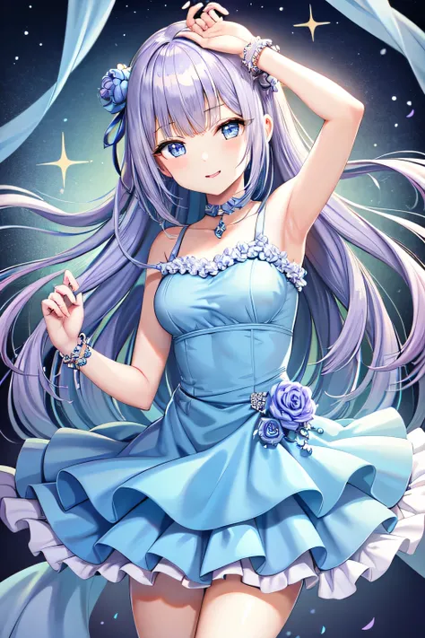 14 year old girl、The image of the little queen、Light blue blue-purple hair、long hair、blue eyes、ice is dancing、smile、can reach out、Wearing hair ornaments