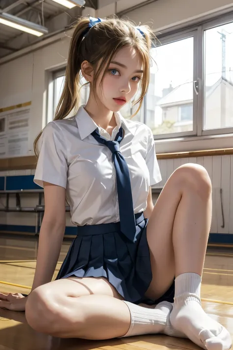 A high school girl sitting on the floor of the school gymnasium, taking off her socks, staring at me with blue eyes, white shirt and tie, pleated skirt, scrunchie on her wrists, hairpins, ribbon in her blonde pigtails, from the front and from below.