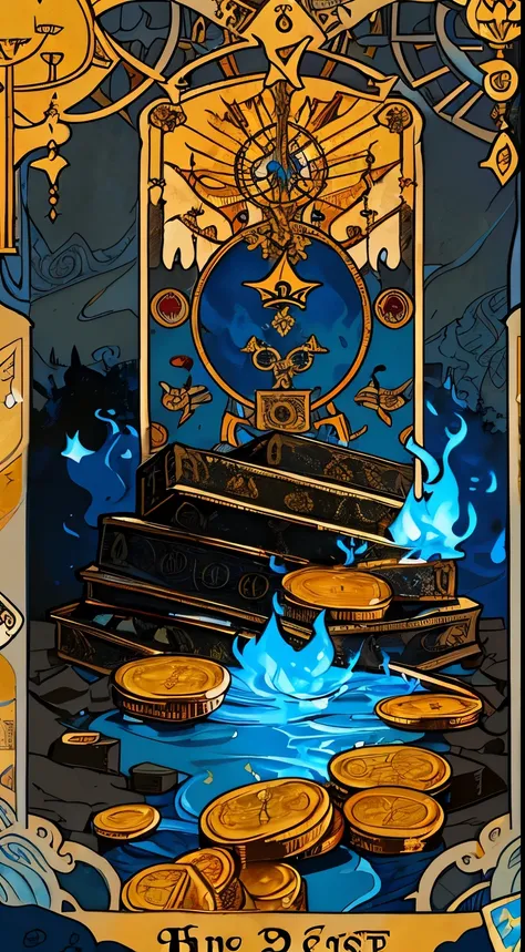 Masterpiece, Best Quality, Ultra-Detailed, a card of a huge pile of gold coins melting amid blue flames, black smoke spreading across the room, closed environment, red tapestries on the walls, stone walls, conceptual art, matte paiting, (((tarot card:1.0))...