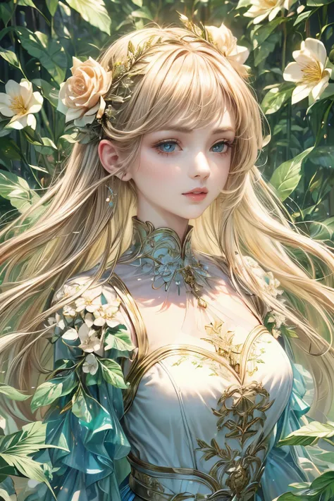 (high quality, 8k, cg, upper body details, girl, floral dress, forest background, detailed facial features, elegant long hair, b...