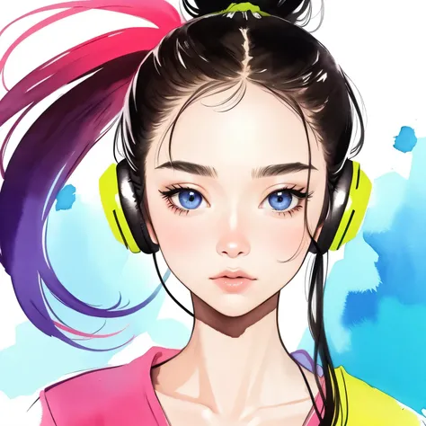 close up of face、colorful、headphones、watercolor、ponytail、I&#39;m 11 years old