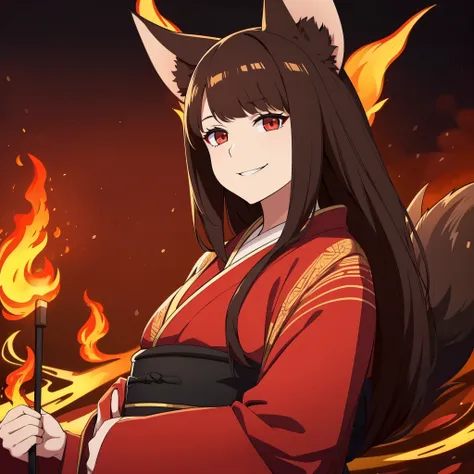 a woman with dark brown hair, red eyes, smiling, with red flames, a red japanese castle behind, red kimono with black and gold d...