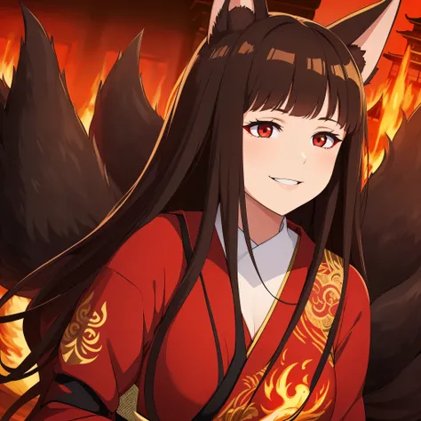 a woman with dark brown hair, red eyes, smiling, with red flames, a red japanese castle behind, red kimono with black and gold d...