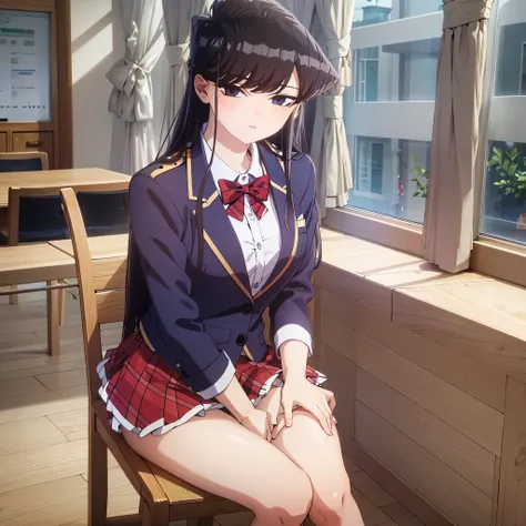 komiShouko, masterpiece, best quality, absurdres, 1girl, looking at viewer, v arms, pantyhose, classroom, , red skirt, red bow, blazer, window, sitting, chair, crowd,crossing legs,medium thighs.