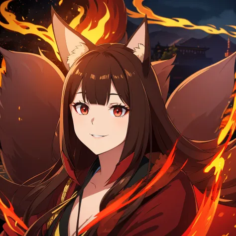 a woman with dark brown hair, red eyes, smiling, with red flames, a red japanese castle behind, red kimono with black and gold d...