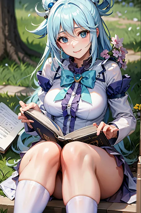 best quality, masterpiece, nice hands, perfect hands, smile,medium  breasts, sitting under a tree, reading a book, detailed skin texture, (blush:0.5), (goosebumps:0.5), subsurface scattering,crossing leg,medium thighs ,white tights, blue hair,Aqua from kon...