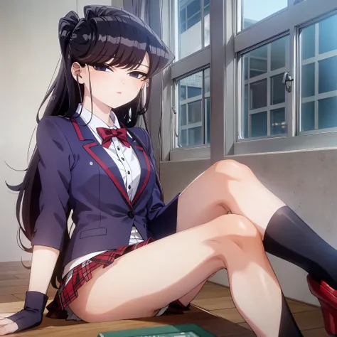 komiShouko, masterpiece, best quality, absurdres, 1girl, looking at viewer, v arms, pantyhose, classroom, , red skirt, red bow, blazer, window, sitting, chair, crowd,crossing legs,medium thighs.