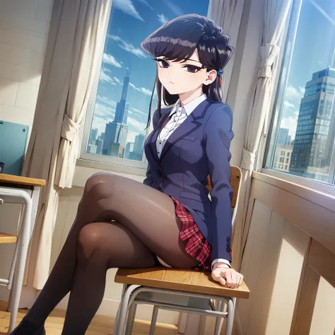 komiShouko, masterpiece, best quality, absurdres, 1girl, looking at viewer, v arms, pantyhose, classroom, , red skirt, red bow, blazer, window, sitting, chair, crowd,crossing legs,medium thighs.