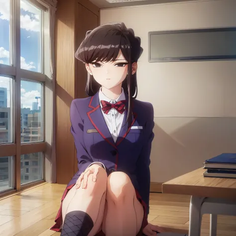 komiShouko, masterpiece, best quality, absurdres, 1girl, looking at viewer, v arms, pantyhose, classroom, , red skirt, red bow, blazer, window, sitting, chair, crowd,crossing legs,medium thighs.