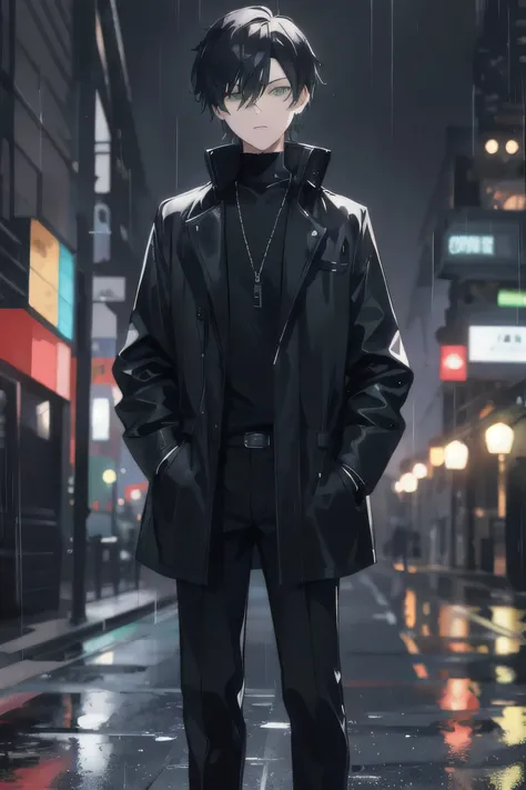 1 boy, short black hair, green eyes, black turtleneck, black pants, black boots, headphones, listening to music, night city, rain coat, hands in pockets