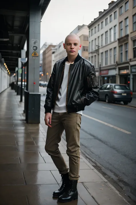 (8k, RAW photo, highest quality), (solo, 1boy, full body shot), ((best quality)), ((masterpiece)), photograph of a 25yo english skinhead, standing on a street corner, army boots(film photography, film grain, ultra realism, sharp focus, muted colours, extre...