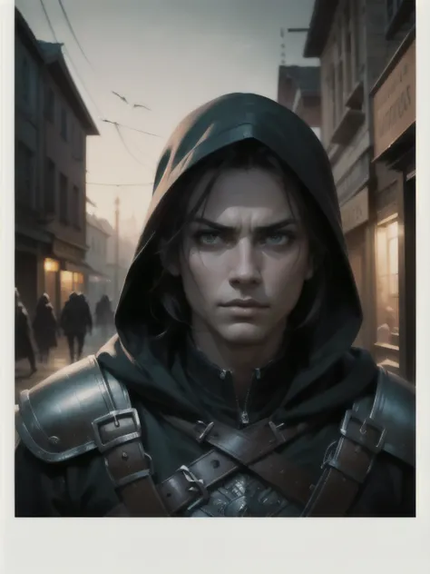 (Up close, Portrait, close-up shot) Male, Levi Ackerman, high-detailed, Assassin, medieval, hooded, thief, rogue, dark atmosphere, intense eyes, detailed facial features, stealthy, poised stance, shadowy background, impressive sword, intricate armor, exper...