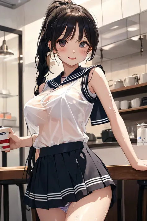 highest quality、High resolution、detailed background、Beautiful and dense face、beautiful and smooth skin、skin texture、cute10代の美少女、two beautiful girls、(huge breasts:1.3)、(realistic:1.1)、perfect body line、black hair braided ponytail、
(Sleeveless sailor suit ma...