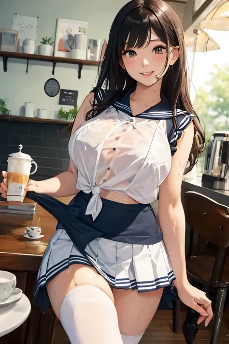 highest quality、High resolution、detailed background、Beautiful and dense face、beautiful and smooth skin、skin texture、cute10代の美少女、two beautiful girls、(huge breasts:1.3)、(realistic:1.1)、perfect body line、black hair braided ponytail、
(Sleeveless sailor suit ma...