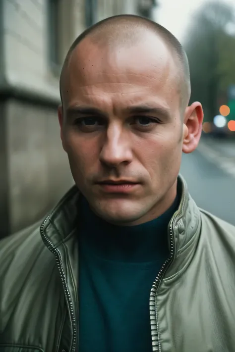 (solo, 1boy, close-up on face), ((best quality)), ((masterpiece)), candid photograph of a 37 years old english skinhead, standing on a street corner, (film photography, film grain, ultra realism, sharp focus, muted colours, extremely detailed, skin texture...