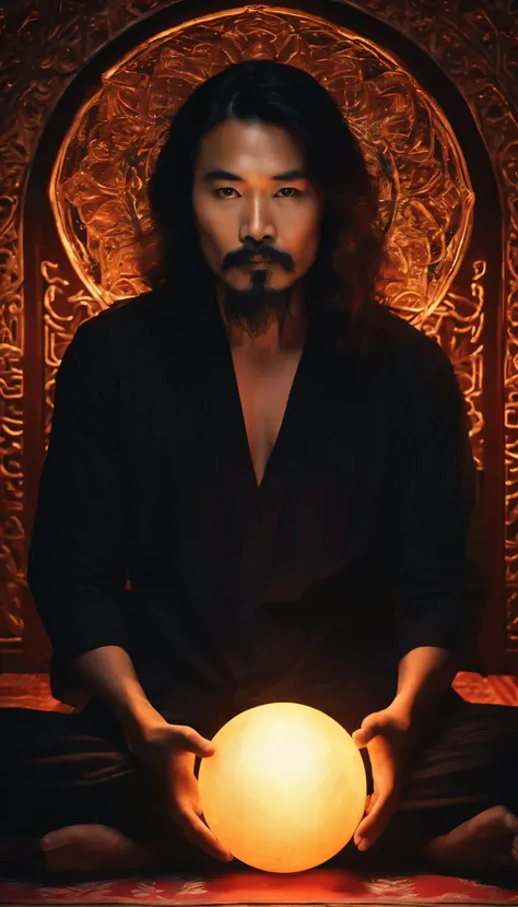 Close-up of a 30-year-old middle-aged Asian man，Holding a glowing ball in his hand,Long hair，goatee，Sitting cross-legged meditation ignites the aura of magic around you