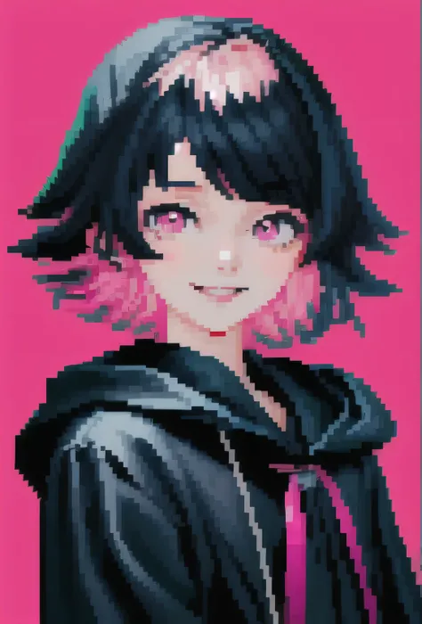 arte de pixel, obra de arte, pix, 1 , Cabelo preto, Corante rosa, olhos rosa, cabelo curto detalhado ,capuz, , , rosto apenas, vivacidade, He pursed his lips and smiled, Estilo Anime, bonitinho, nu, hentai, fundo simples, Fundo de contraste