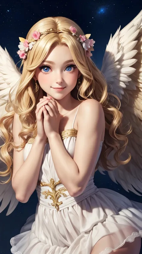 beautiful girl cupid, facing straight at viewer, body facing front at viewer, smile, big eyes, blonde, Angel wings on the back, from above:1.2, A soft, fluffy and neat dress, Background with many sparkling stars, Prayer-like pose, photorealistic,