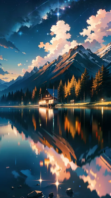 (8K, Raw photo, highest resolution, Super A high resolution, masterpiece: 1.2), there&#39;s no one here, landscape, Animated train passing through a body of water on the tracks, bright starry sky. romantic train, pixiv, concept art, Lofiato style, reflecti...