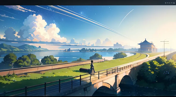 A masterpiece of high quality ，landscape，Animated train passing through a body of water on the tracks， starry sky。romantic train，pixiv，concept art，Laffy Art Style，reflector。 by makoto shinkai, Lofiato, beautiful anime scene, アニメのlandscape, 詳細なlandscape - 幅...