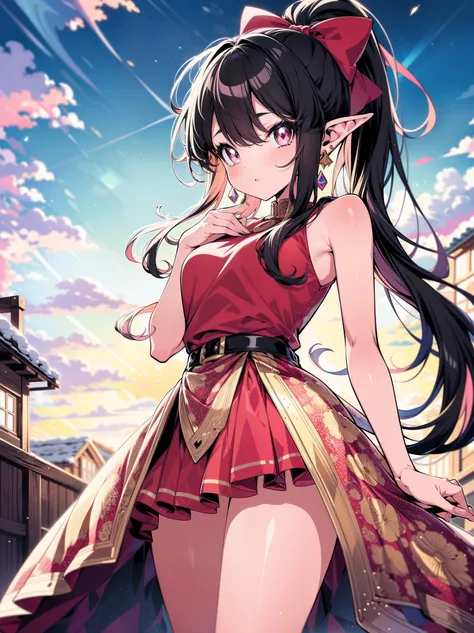 (masterpiece), (cowboy shot), (best quality, ultra-high resolution, depth of field:1.2), (perfect anatomy), Fair skin, Elf girl, pink eyes, black hair in a hime hairstyle, ponytail, pink bow, gold earrings, fantasy scenery