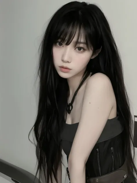 araffe asian woman with long black hair and a black top, ulzzang, cruel korean goth girl, with long hair and piercing eyes, long black hair with bangs, she has black hair with bangs, long dark hair with bangs, black hime cut hair, long hair with bangs, ani...