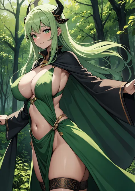 fantasy, 1forest_elemental_girl,(dark_skin:0.9), (using_leaves_clothes:1.1), green_leaves_covered_breasts, leaves_covered_pussy,covered_nipples,(gigantic_heavy_tits:1.1), walking, smile, sleepy, medium_hair, navel oil, (winding_vine_around_torso:1.1), fore...