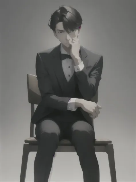 A young man wearing a suit sitting on a chair and folding his hands