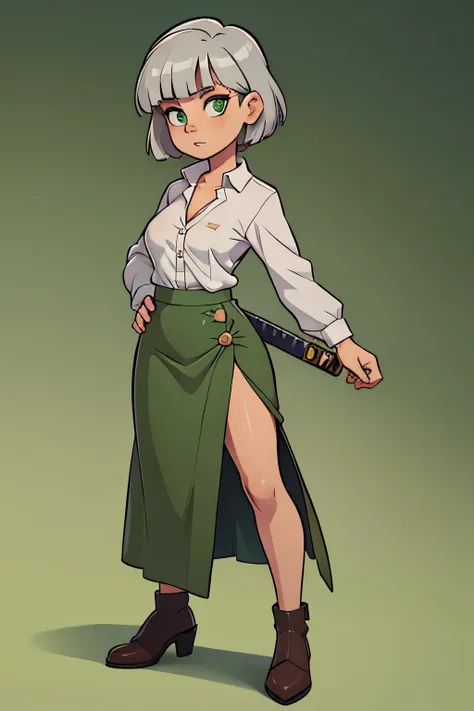 Chica y usa una katana oz y pecho grande y cabello corto plateado y camisa con botones de color verde oscuro y debajo de una falda larga verde y tiene un par de tacones marrones.