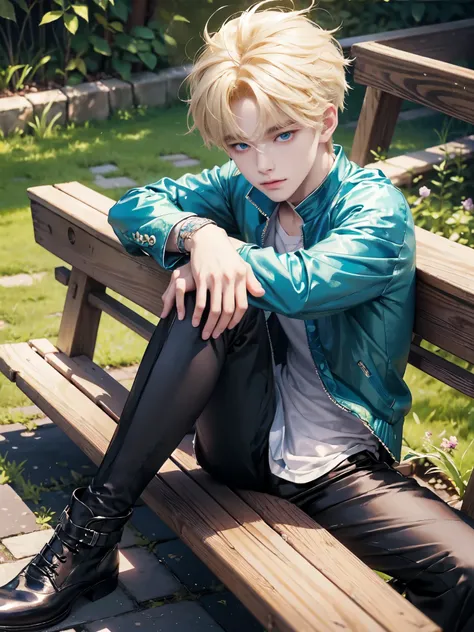 blond haired boy sitting on a bench in a park, cai xukun, young blonde boy fantasy thief, yanjun chengt, male ulzzang, beautiful androgynous prince, handsome anime pose, inspired by Yanjun Cheng, jinyoung shin, ross tran style, ig model | artgerm, with tea...