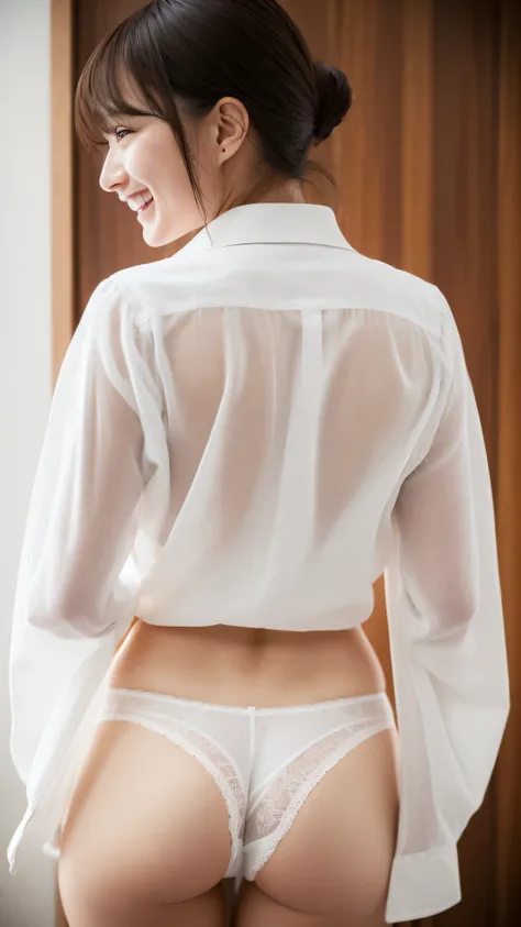 High-ranking women、grinning expression、wearing a white shirt、studio photography、inside the house、one woman、white button shirt、大きなwhite button shirt、various poses、gravure、Only sexy black panties underneath、shot from behind、long shirt with big buttons