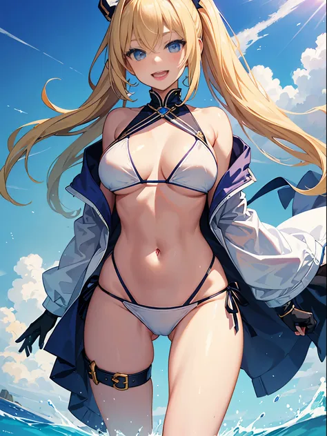 masterpiece,(ultra-detailed),1girl, mysterious heroine xx (fate), half_eyes,smile,open mouth, swimsuit, white bikini, side-tie bikini bottom, shrug (clothing), jacket,  thigh strap, wristband,  large_breasts, ocean, splashing,blonde_ponytail,open_legs,cap,...