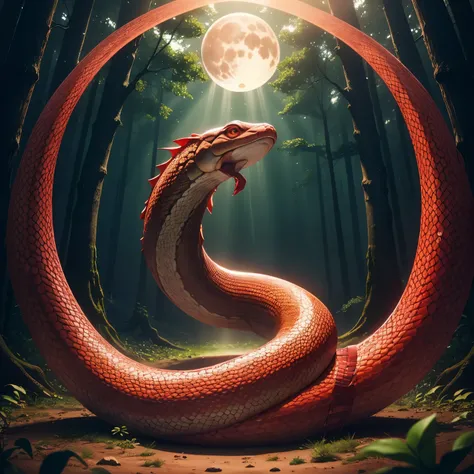 A cute little snake, Gleaming red scales, Green woods, The huge moon shines on the red earth, Surrealism, cinematic lighting, god rays, close-up, masterpiece, UHD, anatomically correct, highres, 4K