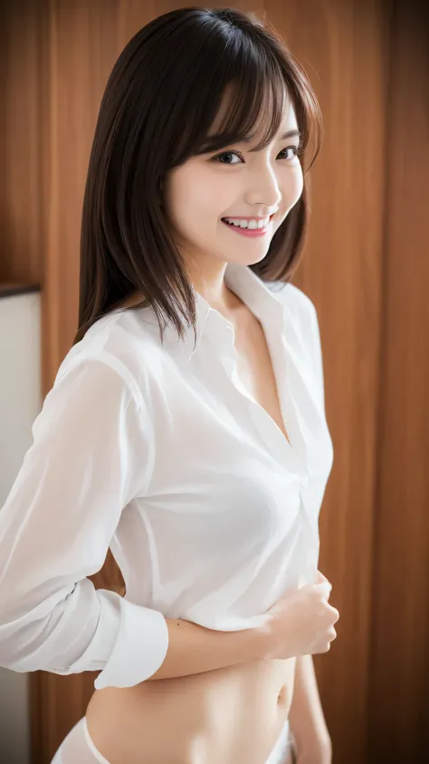 High-ranking women、grinning expression、wearing a white shirt、studio photography、inside the house、one woman、white button shirt、大きなwhite button shirt、various poses、gravure、Only sexy black panties underneath、shot from the side、