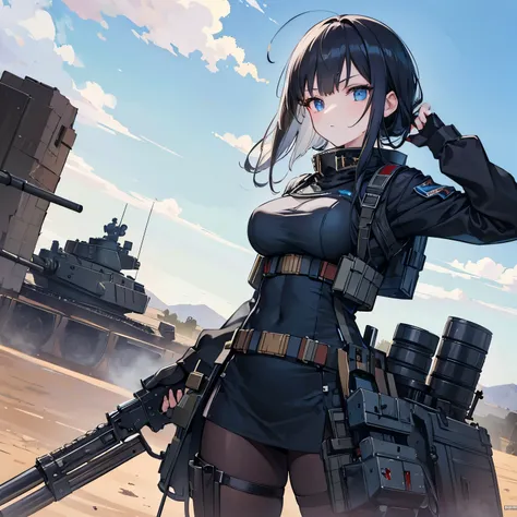 Masterpiece, top quality, highly detailed, illustration, Anime, battle tank, 1 girl, cold eyes, looking at the viewer, leaning on the tank, holding a gun, slight perspective from below, black military outfit equipped with anal bullets, war zone boundary ne...