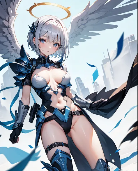 fantasy, 1angel_girl,young_teen, ,silver_hair, short_hair, long_bangs, halo,bare_shoulder,thighhighs,silver_armor, waist_armor, large_breasts,sleepy,half_eyes,1pair_wings, dynamic_pose_fighting,floating, bare_crotch, headgear,gauntlet, greaves,city_backgro...