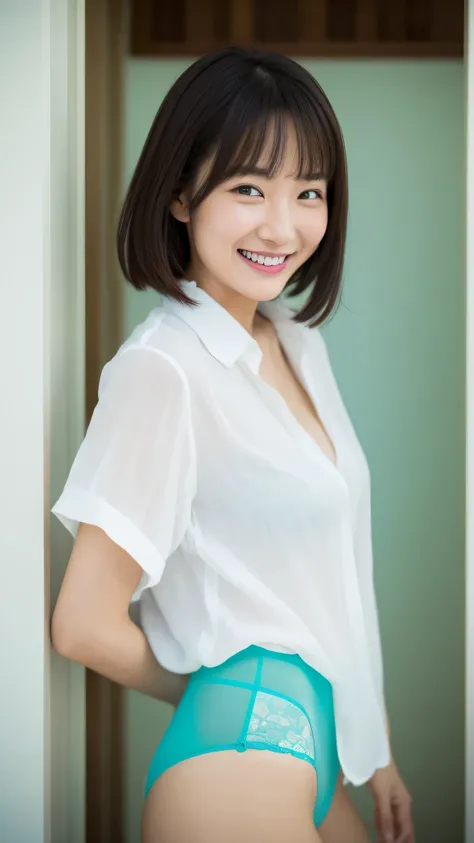 High-ranking women、grinning expression、wearing a white shirt、studio photography、inside the house、one woman、white button shirt、大きなwhite button shirt、various poses、gravure、Only sexy turquoise panties underneath、shot from the side、