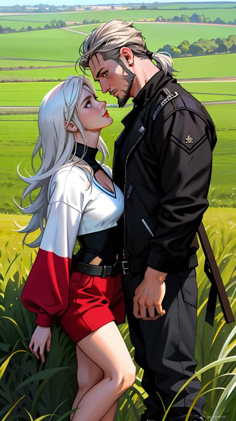 Theres a muscular man with short hair and black beards without a shirt and a woman with long white hair next to each other looking at each other in a field, ! movie scene, inspired by Allan Linder, imvu, secondlife, tumblr, full body close-up, by Brigette ...