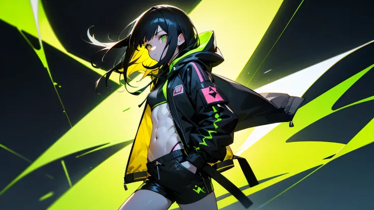 1girl image, black hooded jacket, neon green stripe hooded jacket, slim, pretty, detailed lighting, detailed background, shorts, hands inside pocket, white skin, long black hair, abs, looking at the camera, walking