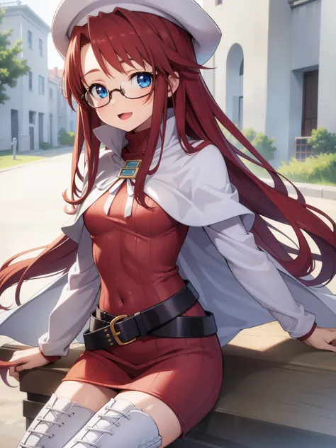 summonnightaty, aty, long hair, blue eyes, red hair, beret, hat, glasses,
BREAK long hair, thighhighs, hat, dress, boots, glasses, belt, cape, sweater, zettai ryouiki, beret, thigh boots, white footwear, ribbed sweater, loose belt,solo,
BREAK outdoors, fan...