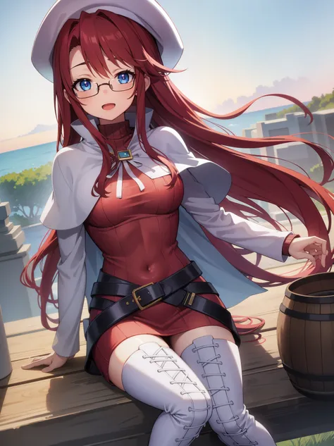 summonnightaty, aty, long hair, blue eyes, red hair, beret, hat, glasses,
BREAK long hair, thighhighs, hat, dress, boots, glasses, belt, cape, sweater, zettai ryouiki, beret, thigh boots, white footwear, ribbed sweater, loose belt,solo,
BREAK outdoors, fan...