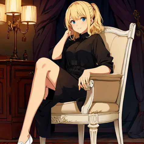 Thinking Girl　blonde　　sit on a chair　