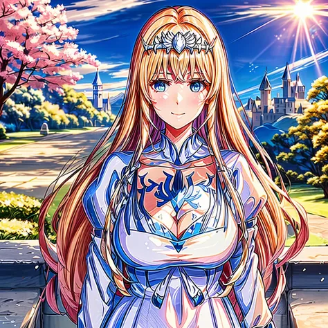 Best Quality, masterpiece,  , JSmile, wrist scrunchie, middle age castle background, Scrunchie, cleavage, , blush, 1angel, solo, Calca, Calca Bessarez, blonde hair, extremely long hair, very long hair, white tiara, white dress, blue eyes, medium chest, ver...