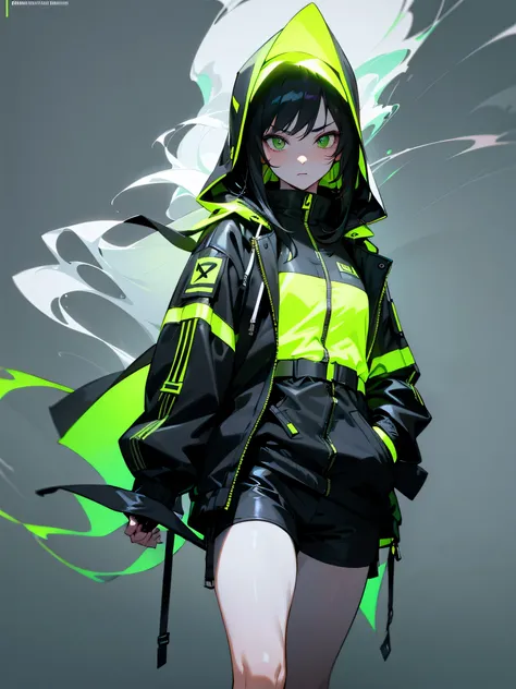 1girl image, black hooded jacket, neon green stripe hooded jacket, slim, pretty, detailed lighting, detailed background, shorts, hands inside pocket, white skin, long black hair, abs, looking at the camera, walking, smoke background, detailed face, detaile...