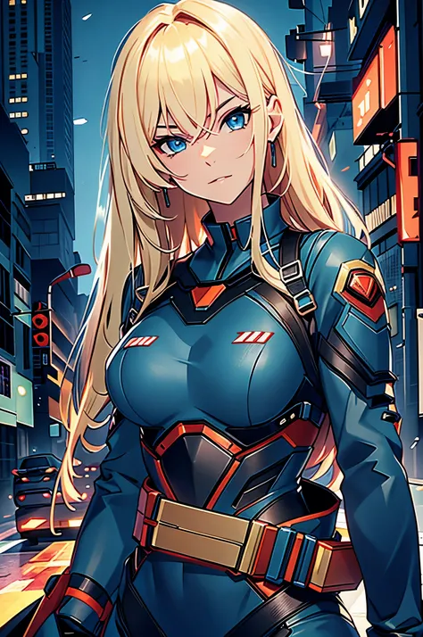 Combat suit, blonde hair, blue eyes