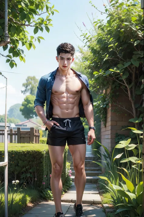 arafed male model in a blue shirt and black shorts posing for a picture, inspired by Yanjun Cheng, handsome stunning realistic, by Zhou Fang, by Qian Gu, by Yang J, yanjun chengt, inspired by Yeong-Hao Han, inspired by Joong Keun Lee, photorealistic perfec...