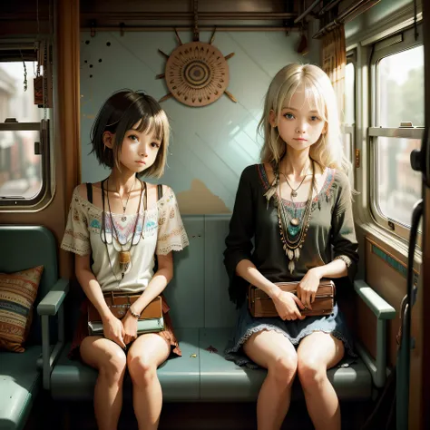 bohoai train, train interior, ((a slim girl sitting in the train:1.3))