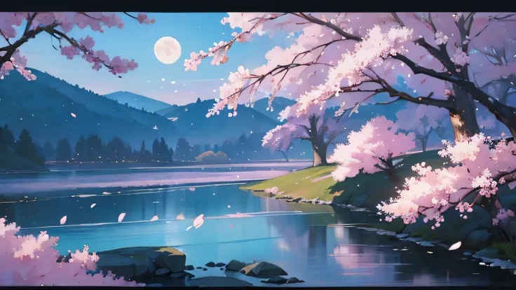 landscape painting with no one、landscape of folk tales、anime style、pastel tones、Spring night with dancing cherry blossom petals、The moonlight is beautiful、